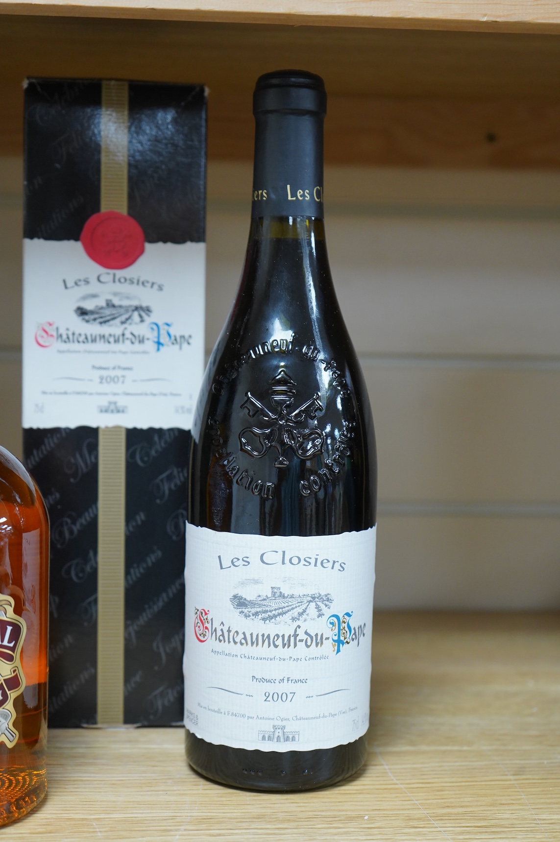 Three bottles of wine and spirits to include Chateauneuf De Pape, 2007 and Chivas Regal scotch whisky